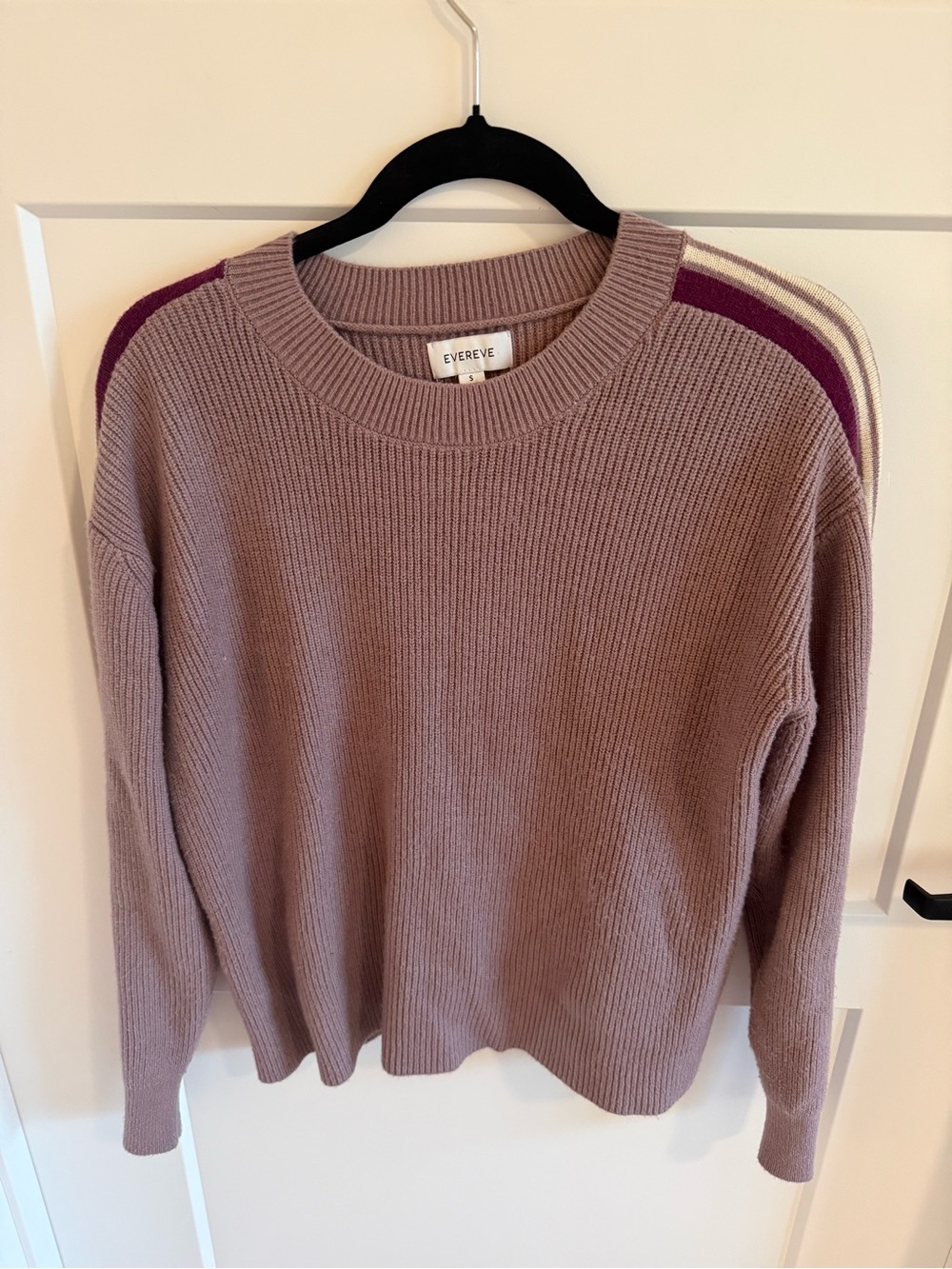 Evereve Women’s Rib Knit Sweater Small Mauve Stripe Shoulder Crewneck Cozy